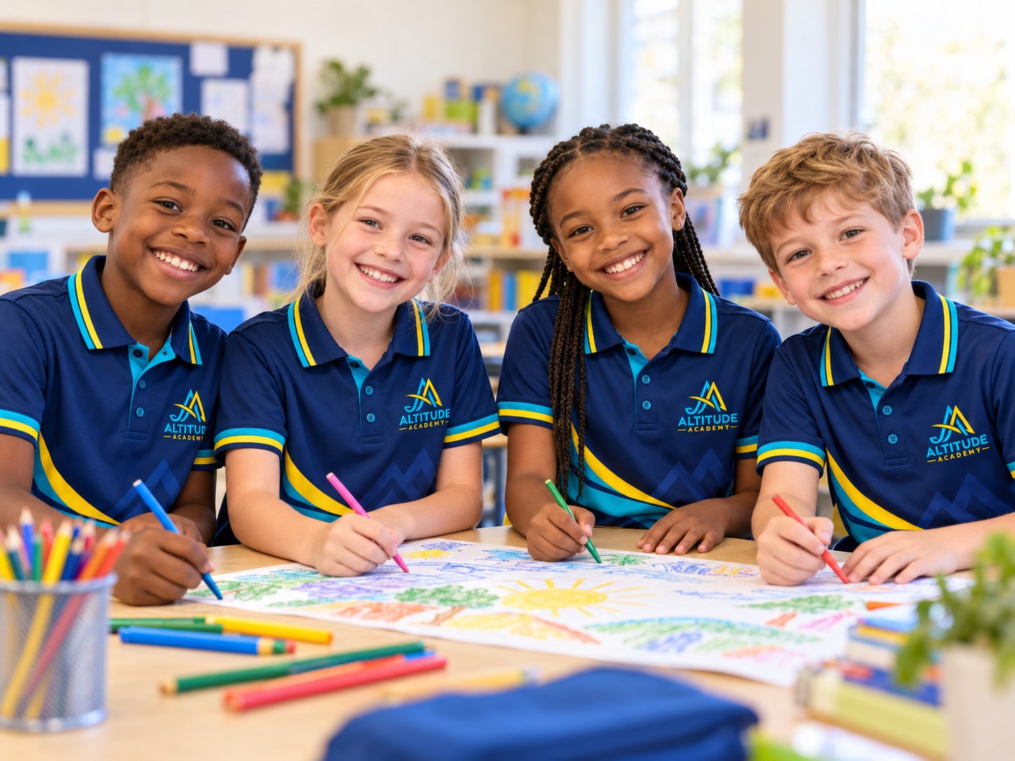 Four smiling learners in Altitude Academy uniform drawing together